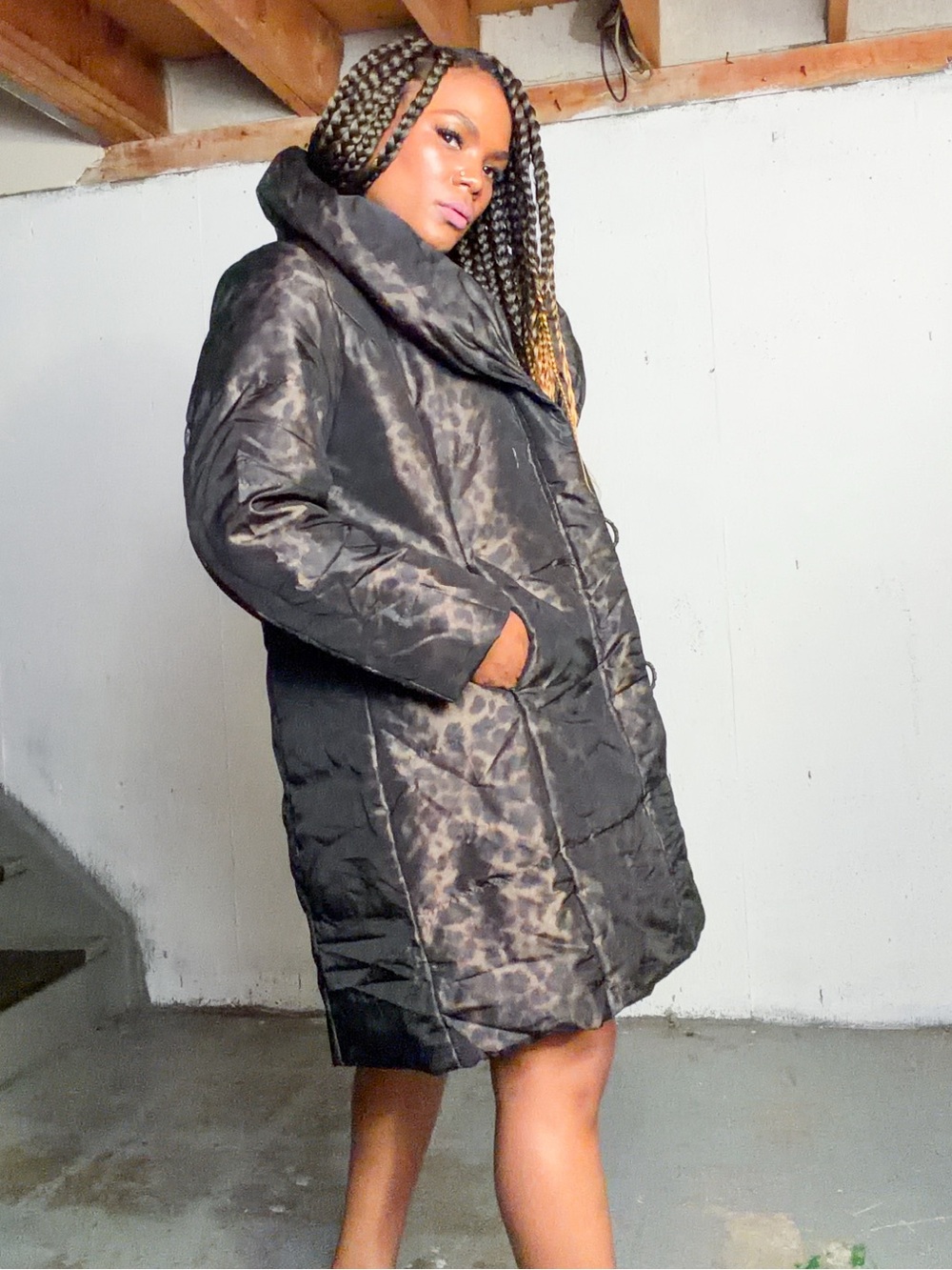 ATELIER BY Hilary Radley Black Leopard-Print Puffer Coat, L